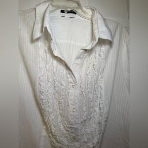 Sandra Ingrish Woman White Striped Ruffle 3/4 Sleeve Blouse 2x ? Plus Preppy